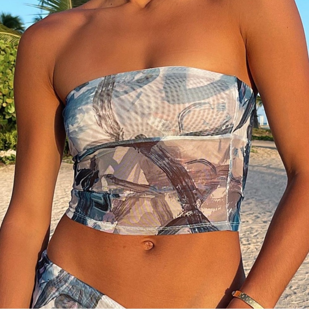 White Fox Womens Tube Strapless Top Blue Swirl Abstract Print Size Small